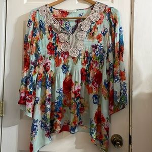 Spense Floral Boho Peasant Tunic Top with Crinkle Pleat and Bell Sleeves